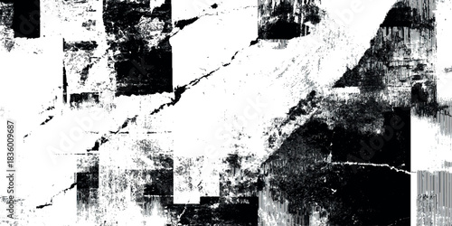 High resolution abstract grunge texture featuring distressed edges, paint splatters, scratches, and heavy layering on a white background.