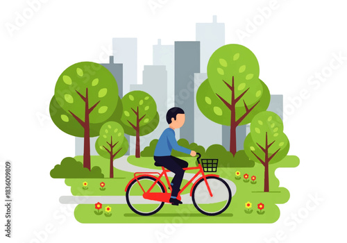 A Cyclist's Urban Escape: A person enjoys a leisurely ride on a bicycle through a vibrant city park, navigating the green space with trees and flowers. The skyline serves as a backdrop.