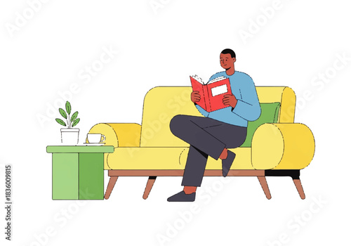 Modern flat illustration of a man engrossed in reading a book on a comfortable yellow sofa, symbolizing leisure, knowledge, and quiet contemplation in a home setting