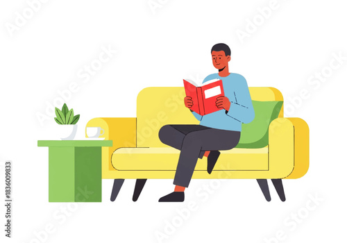 Quiet Reading: A person enjoys a good book while lounging on a comfortable sofa, the scene portraying the simple pleasures of reading and relaxation. 