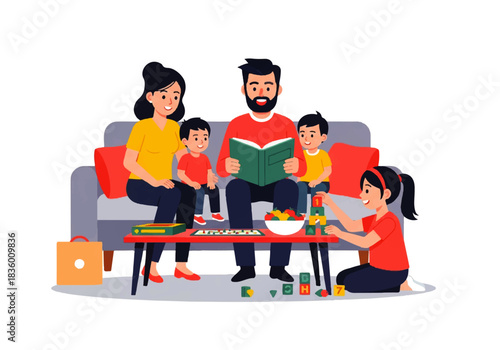 Joyful family moments at home, illustrating parents reading to their children while a sibling plays with blocks, depicting warmth, togetherness, and a loving domestic lifestyle