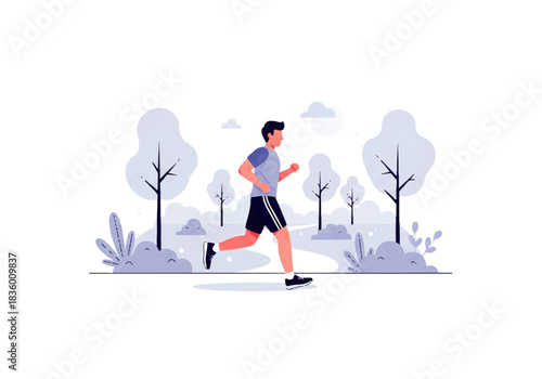 Vibrant illustration of a man running through a scenic park, capturing the essence of a healthy lifestyle, daily exercise, and outdoor fitness activities