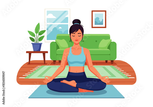 Serene woman practicing yoga and mindfulness meditation at home in a tranquil living room, embracing a peaceful and healthy lifestyle