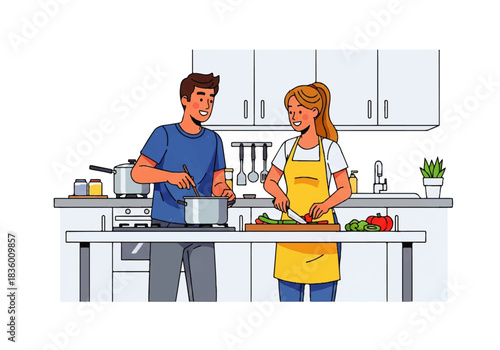 Smiling couple joyfully preparing a healthy meal together in their modern kitchen, fostering a heartwarming atmosphere of shared culinary passion and domestic bliss