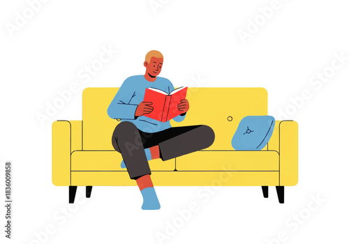 A relaxed young man reads a captivating book on a vibrant yellow sofa, enjoying a peaceful moment of quiet leisure and personal development at home
