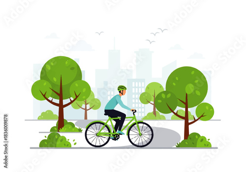 Green Ride Through City Park: A cyclist pedals effortlessly through a vibrant cityscape, embodying an eco-friendly lifestyle.