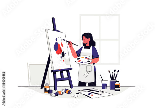 Creative Vision: An artist, engrossed in the art of painting, meticulously applies strokes of color to a canvas, surrounded by a palette of paints and brushes.