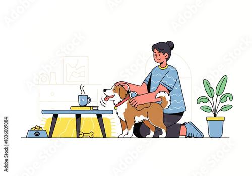 Cozy Moments: A person embraces companionship, tenderly petting a cheerful dog. The setting conveys warmth and the simple joys of home life.