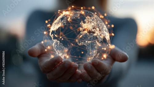 Hands cradling glowing digital globe with interconnected lines