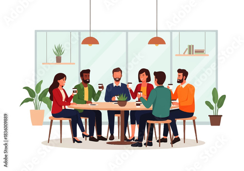 Gathering for Moments: Illustrative scene of a group, immersed in a moment of social connection, enjoying beverages around a table in a relaxed setting, with interior ambiance.