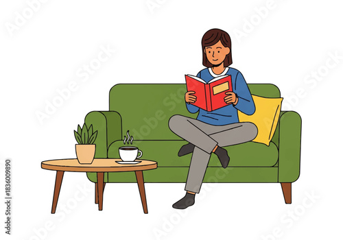 Cozy Reading Moment: A woman embraces tranquility as she gets lost in the pages of a captivating book, with a coffee beside her.