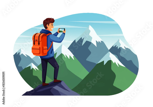 Explorer Capturing Majesty: An intrepid individual stands atop a rugged peak, capturing a breathtaking panorama of snow-capped mountains with a digital camera, immersed in the awe of adventure.