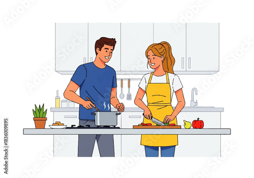 Cooking Couple's Kitchen Collaboration: A cheerful couple, engrossed in the delightful process of crafting a meal together, embodies a heartwarming kitchen scene