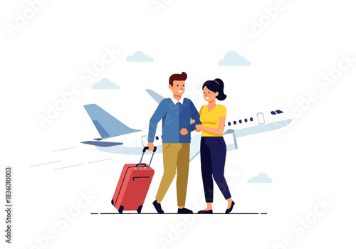 Wanderlust & Adventure: A couple embarking on a travel journey, hand in hand, ready for their flight. Capturing the thrill of exploration and the excitement of a new adventure.
