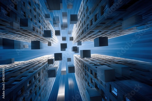 Abstract perspective view of skyscrapers with floating cubes against a blue radial blur