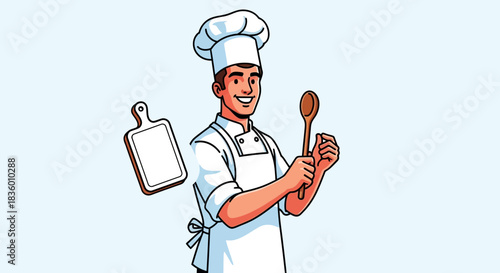 Chef holding wooden spoon and cutting board smiling ready to cook delicious food.