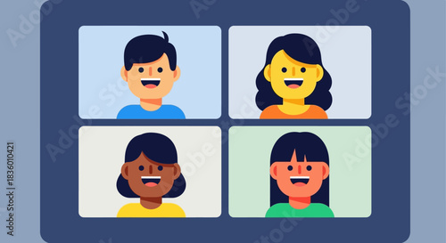 Group of diverse people in a video conference call smiling and interacting.