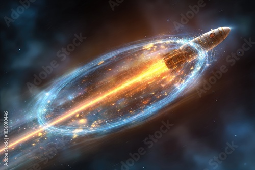 A futuristic vessel streaks through the cosmos, enveloped in energy