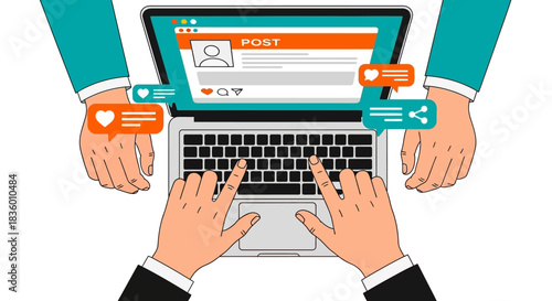 Hands typing on laptop keyboard with social media post and notifications.