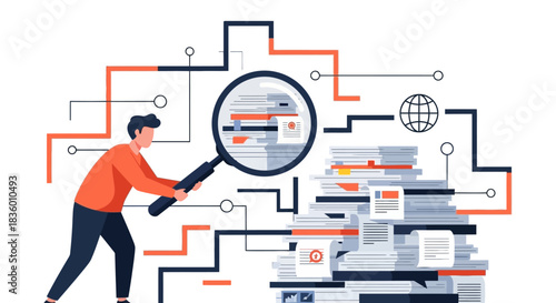 Man analyzing documents with magnifying glass data visualization concept.