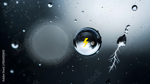 Dynamic Energy Display: Water Droplets Reflecting Lightning Power with Glowing Symbol, Highlighting Renewable Resources