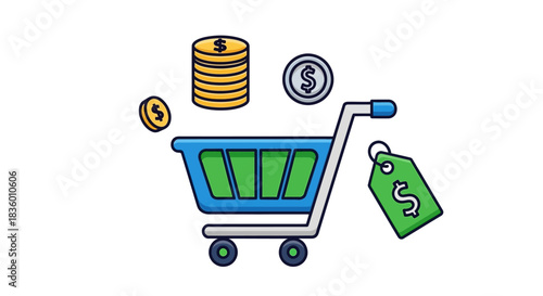 Shopping cart with coins and price tag representing commerce and purchases.