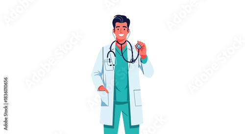 Smiling doctor holding stethoscope ready to examine patient for medical checkup.