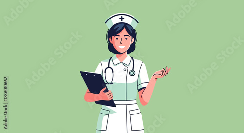 Smiling nurse holding a clipboard and stethoscope ready for work.