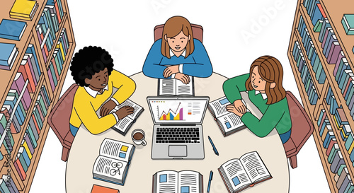 Students collaborating around a table studying with books and a laptop.