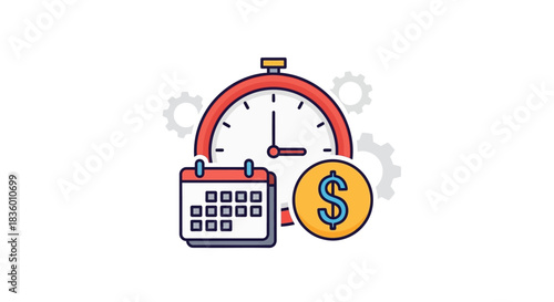 Time and money management concept calendar clock and dollar sign.