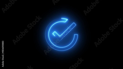 Glowing blue neon checkmark inside a circular outline symbol on a black background, representing confirmation, success, or completion in a modern digital interface style