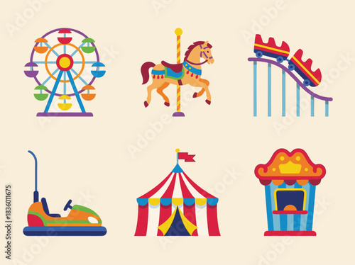 Amusement Park Attractions and Entertainment Icons.