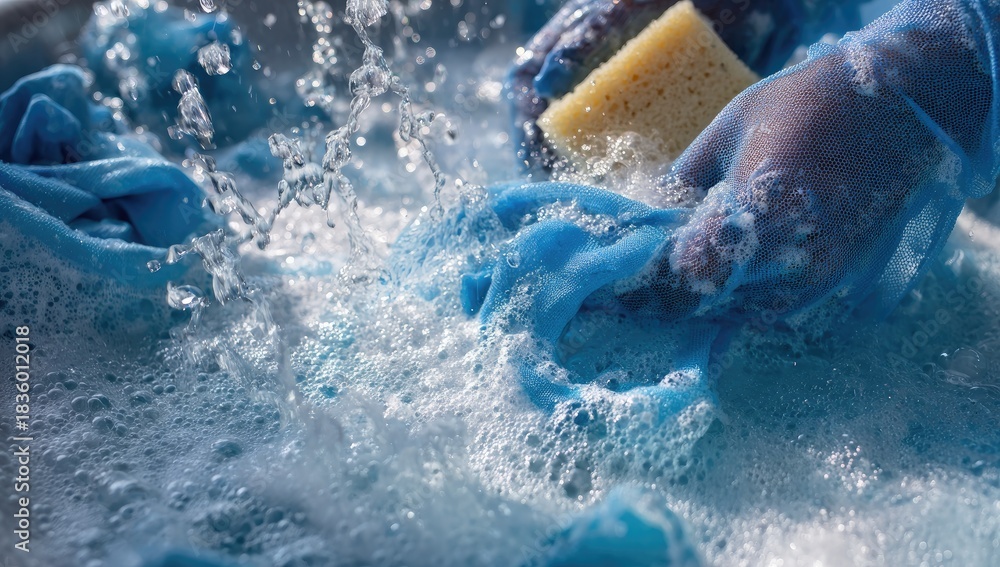 Fototapeta premium Gentle hands in blue gloves wash fabric in bubbly water