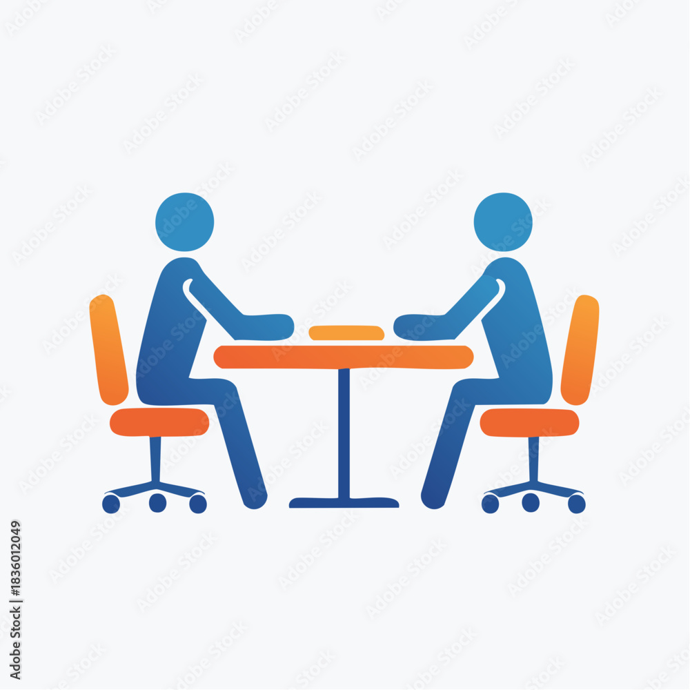 Fototapeta premium Two abstract figures sit opposite each other at a table, with chairs, symbolizing a business meeting or interview