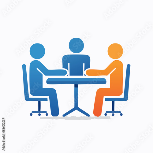 Vector icon of a business team in a meeting, showing three people sitting around a conference table for discussion and collaboration