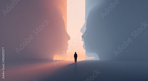 Solitary figure stands between colossal, abstract faces in ethereal, glowing passage