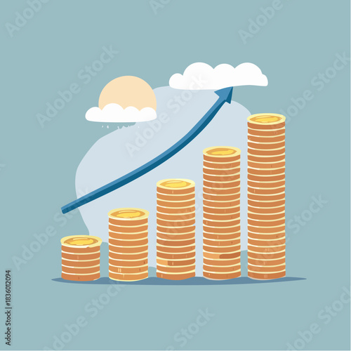 Visual representation of financial growth and investment success, with increasing coin stacks and an ascending arrow symbolizing economic prosperity and upward trend