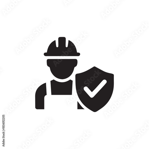 A simple black icon depicts a worker wearing a hard hat and a shield with a checkmark