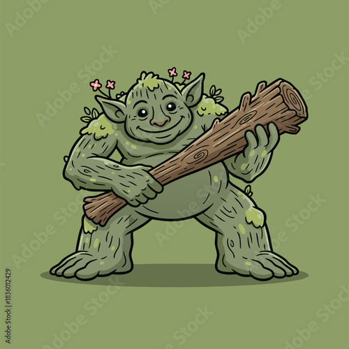 Cartoon Forest Troll with Wooden Club.