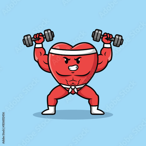 Cartoon heart character lifting dumbbells for fitness.