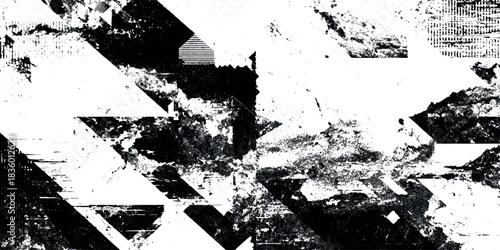 Abstract black and white grunge texture with distressed ink blocks paint splatters and rough layered overlay effect.
