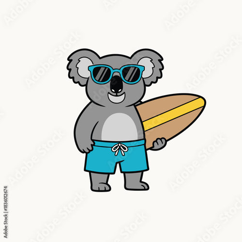 Photography Cartoon koala with surfboard wearing sunglasses and shorts.