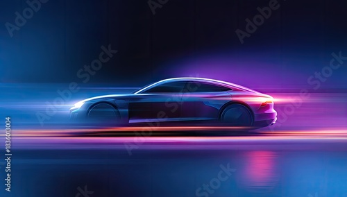 Sleek electric car streaks through a vibrant, neon-lit urban night