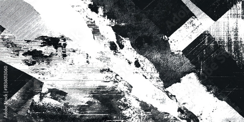 Abstract black and white grunge texture with distressed ink blocks paint splatters and rough layered overlay effect.