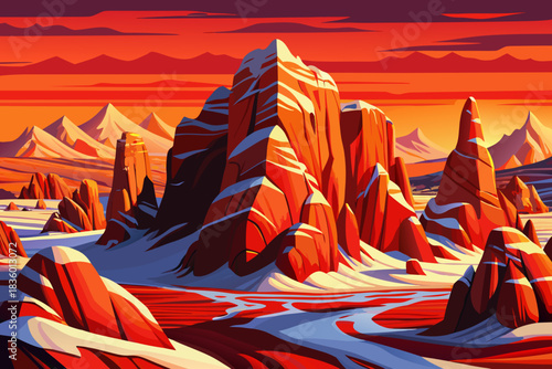 Snow covered red rocks of Utah’s desert create a stunning contrast with evergreen patches and soft Christmas 2026 winter lighting.