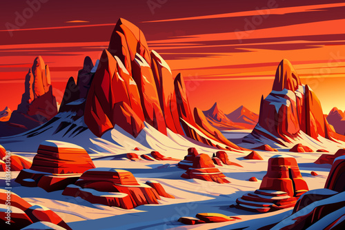 Snow covered red rocks of Utah’s desert create a stunning contrast with evergreen patches and soft Christmas 2026 winter lighting.