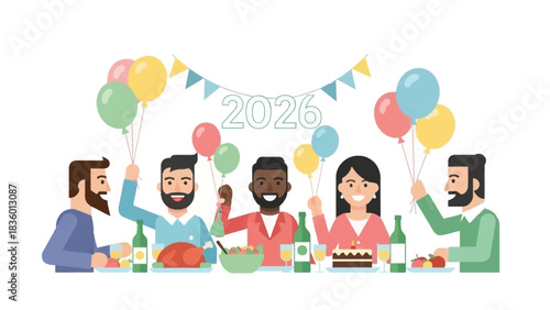 Diverse group celebrates New Year 2026 with balloons, food, and festive cheer, creating a fun and inclusive atmosphere for joyful gatherings