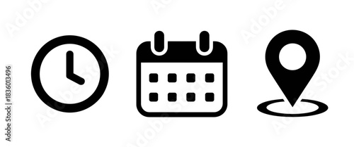 Minimalist black icons representing time, date and location