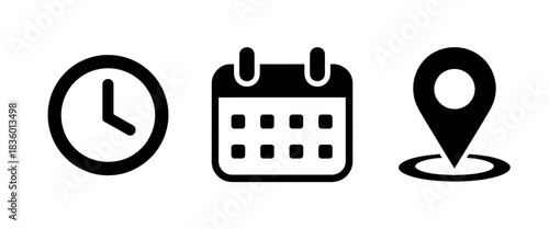 Minimalist black icons representing time, date and location