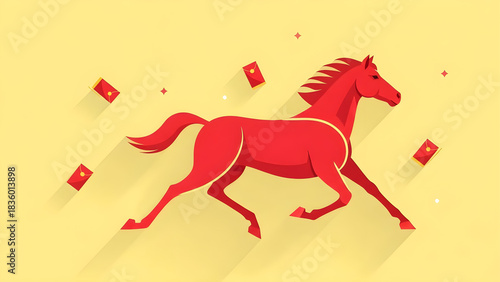 Year of the Horse Celebration: Red Paper Envelopes and a Dynamic Horse Illustration, Lunar New Year, Chinese Zodiac Sign